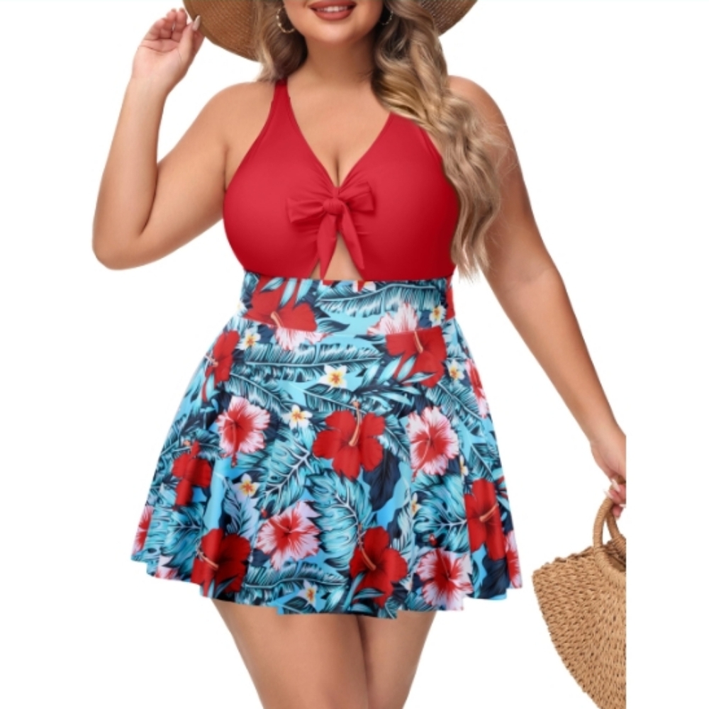 NIeyook Womens Plus Size One Piece Swimsuit with Skirt V Neck Cutout Flowy Swim